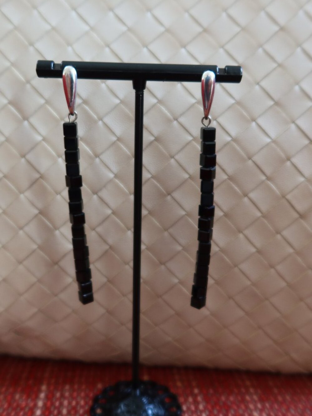 Black onyx square beads & sterling silver long 3" drop dangly earrings Sherzada